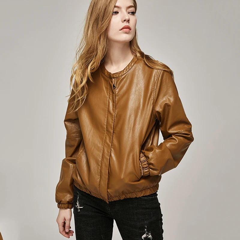 ESCALIEA Women's Slim Washed PU Leather Jacket Fashion O-Neck Zipper Bright Colors Coats New Ladies Basic Jackets