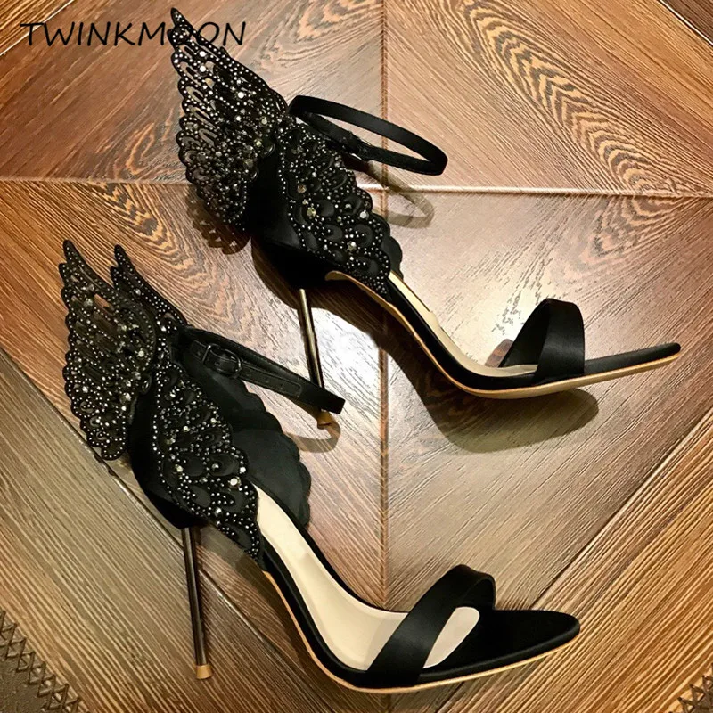 High-end Women Pink Butterfly Sandals Metal Stiletto Heel Metallic Cut-outs Pumps Bling Bling Crystal Celebrity Wedding Shoes