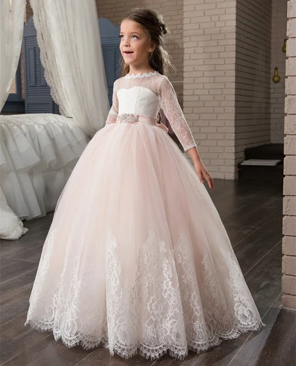Long Sleeve Beige Puffy First Communion Dresses Appliques O-neck Lace Up Bow Sash Flower Girl Dresses Vestido Size 2-14Y Long Sleeve Beige Puffy First Communion Dresses Appliques O-neck Lace Up Bow Sash Flower Girl Dresses Vestido Size 2-14Y
