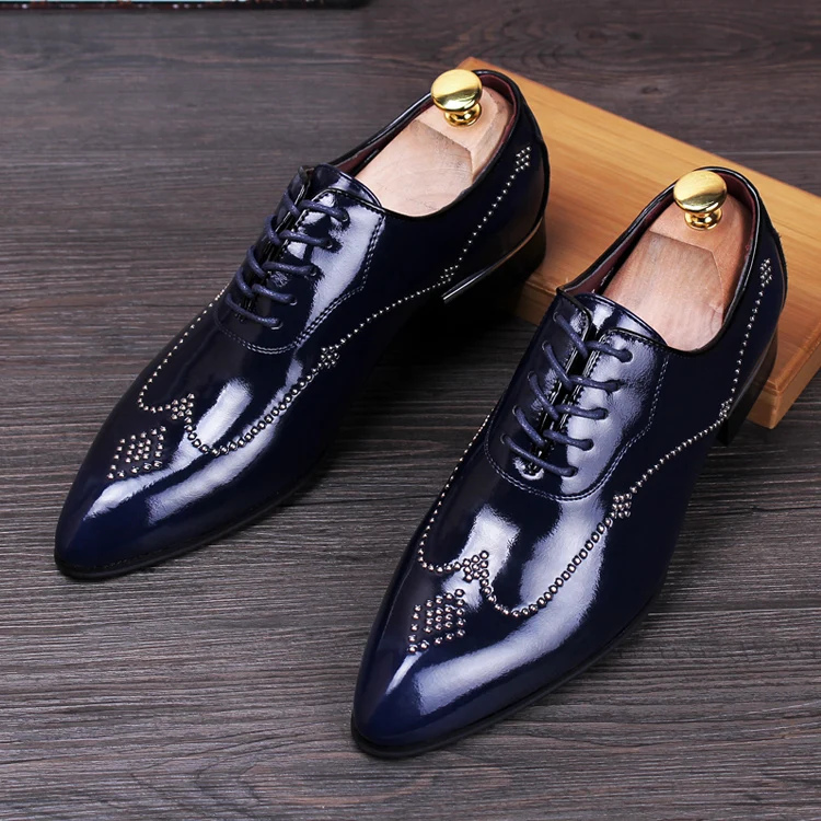 Red Blue Black Patent leather Dress Wedding Shoes Handmade Oxfords Patent leather Flats Lace up Mens Business Shoes Hot Sale