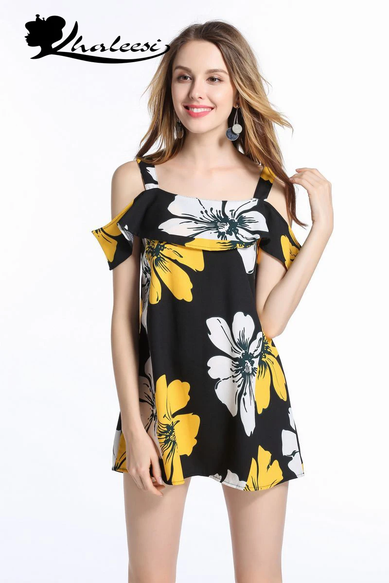 Khaleesi Cold shoulder ruffle print summer dress women High waist strap
