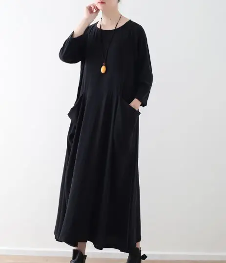 Plus Size Women Solid Black Red Dress Pockets Autumn New Casual Cotton Linen Loose O-Neck Vintage Long Sleeve Maxi Dress - Цвет: black