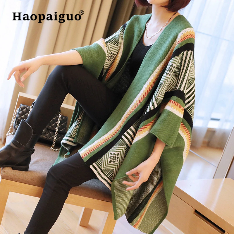 

National Wind Ladies Winter Sweater and Shawls Blanket Print Poncho Women Warm Ponchos And Capes Long Sweater Thick Women Cloak