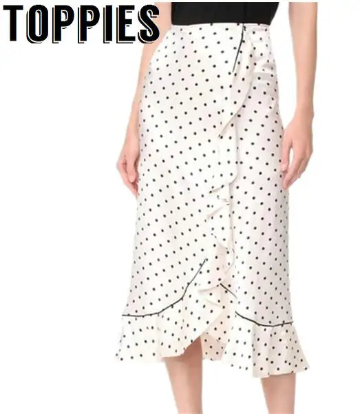 2017 Women High Waisted Polka Dots Midi Skirt A Line Ruffles Skirts with dots White Long Vintage