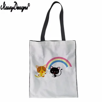 

Cute Rainbow And Cartoon Cats Theme Printed Solid Canvas Handbag Bag Female Green Shopping Bag DIY Customized Summer Beach Bag