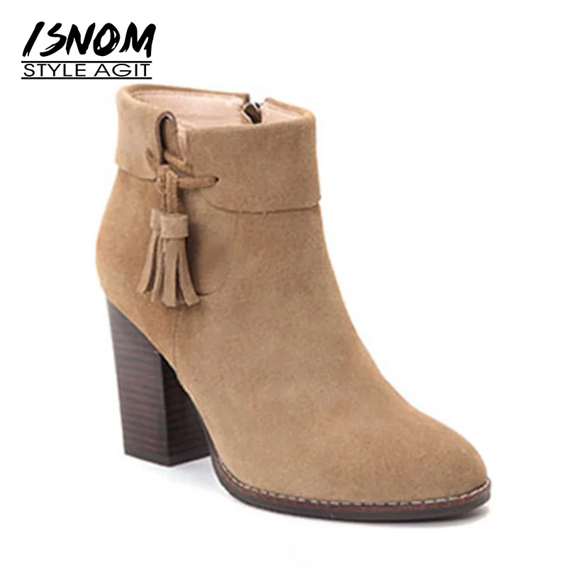 

ISNOM 2018 New Cow Suede Women Boots Tassel Wood High Heels Bootie Autumn Round Toe Female Shoes Zipper Winter Warm Footwear