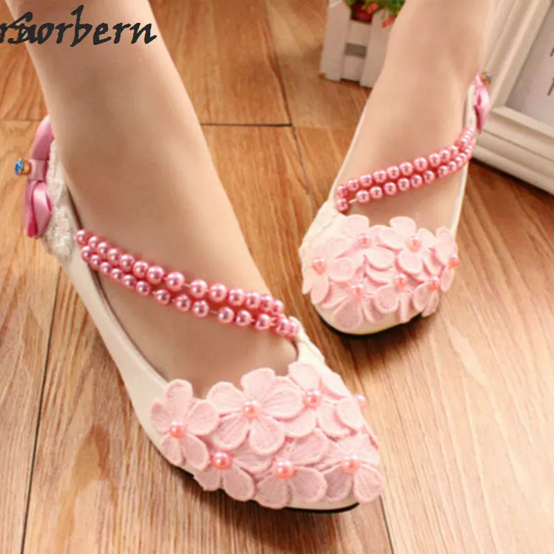 

Sorbern Pink Flower Summer Bridal Shoes Beaded Straps Pink/White/Purple Bow Wedding Shoes High Heel Pumps 3/5/8Cm Heeled Shoes