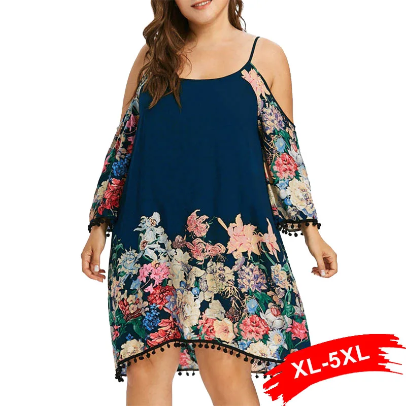 

Plus Size Contrast Floral Print Cold Shoulder Dress 5XL Summer Spring Spaghetti Strap Tassel Long Sleeve Party Dresses Vestidos
