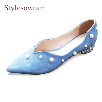 

Fashion Pointed Toe Mid-heel Women Shoes Sweet Pearl Decor Bling Crystal Stud Square-heel Suede Single Shoes Mujer For Spring