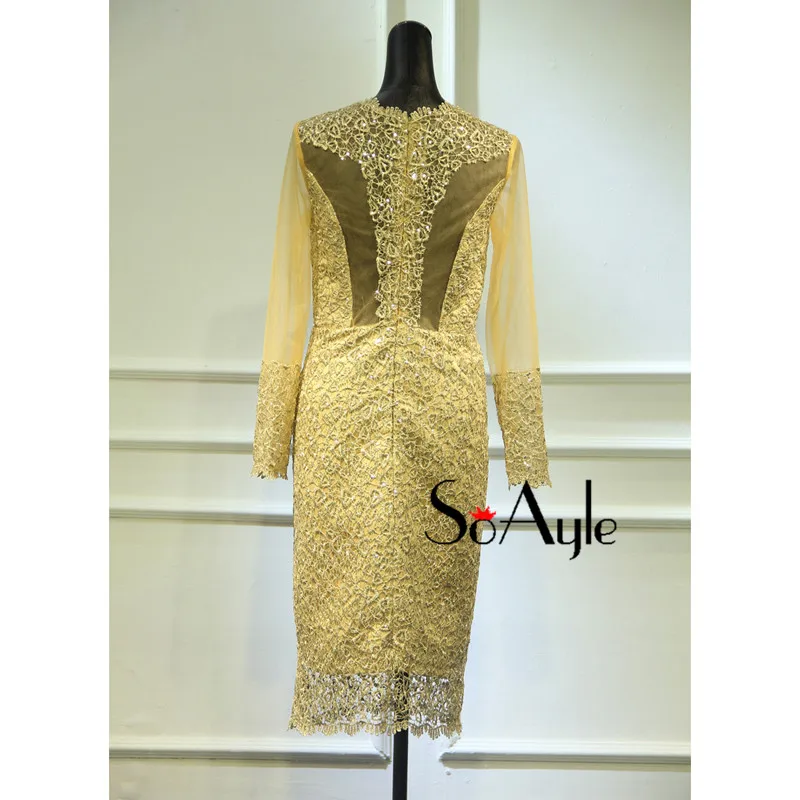 SoAyle реальное изображение Vestidos de festa золото с длинным рукавом кружево коктейльное платье женское платье для гостей по колено Bling Bline платья