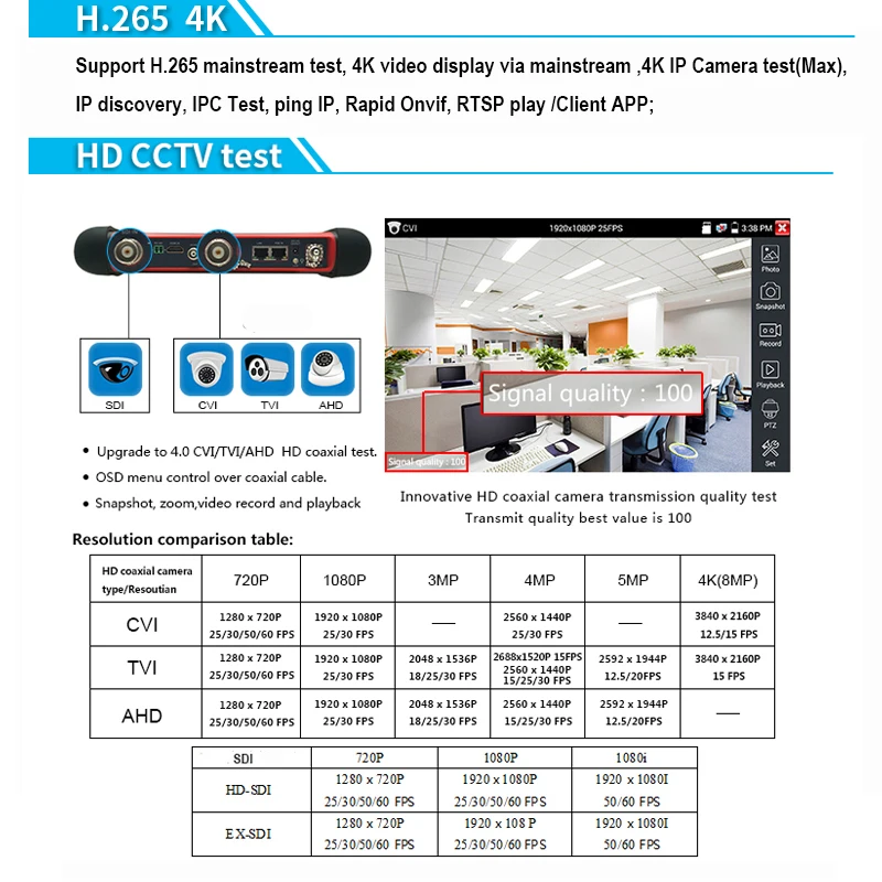 Тестер Wanglu для IP камер H.265 4K X7 8 Мп TVI CVI AHD SDI CVBS 6 в 1 тестер систем видеонаблюдения с