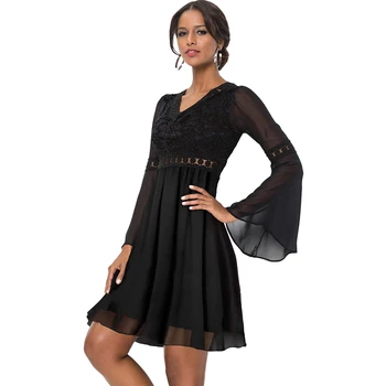 

Women New Autumn Elegent Black V-Neck Empire Waist Chiffon Dress Lace Patchwork Flare Full Sleeve Mini Dress