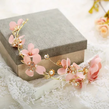 

Pink Flower Simulated Pearl Headband Hair Jewelry Gold Crystal Handmade Beads Tiaras Crowns Headpiece Wedding Accessories XH