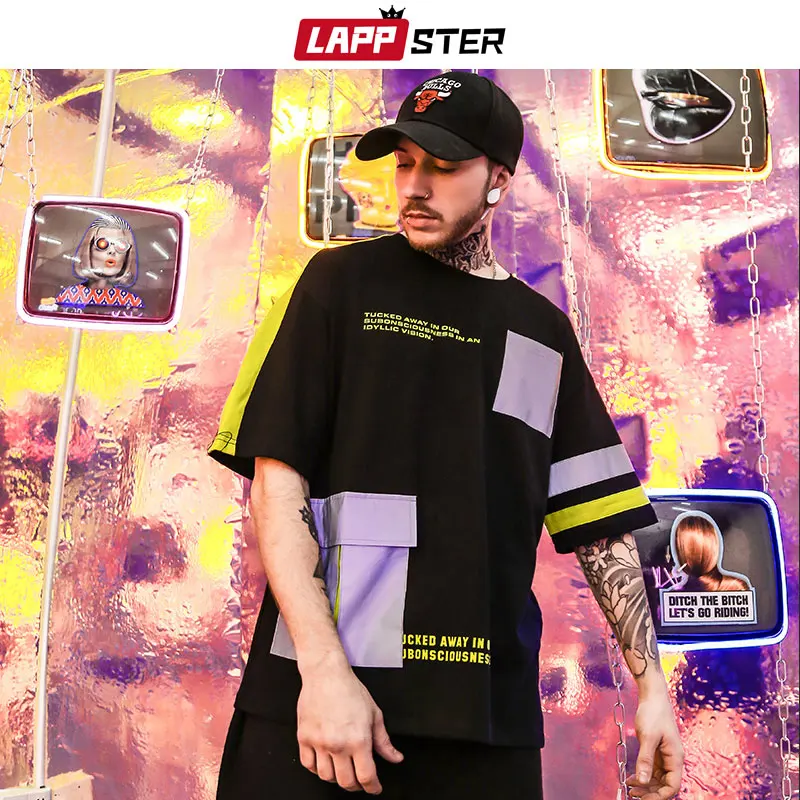 LAPPSTER для мужчин цвет блок уличная хип хоп Футболки Лето 2019 г. Harajuku карманы черные футболки топы корректирующие пара моды Повседневная