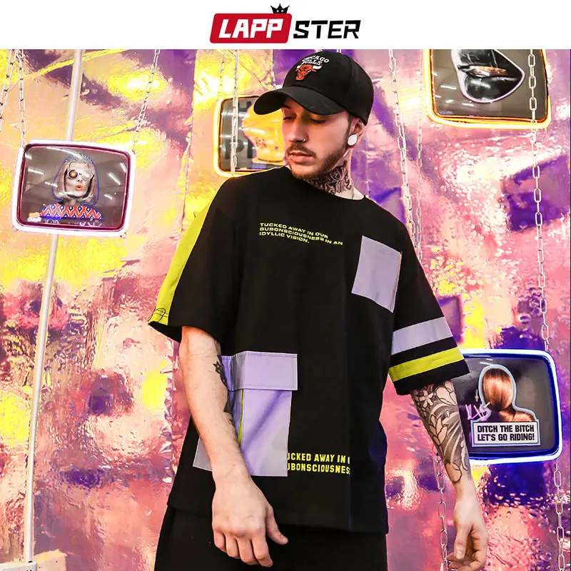 

LAPPSTER Men Color Block Streetwear Hip Hop T Shirts 2019 Summer Harajuku Pockets Black Tees Tops Couple Fashions Casual T-shirt