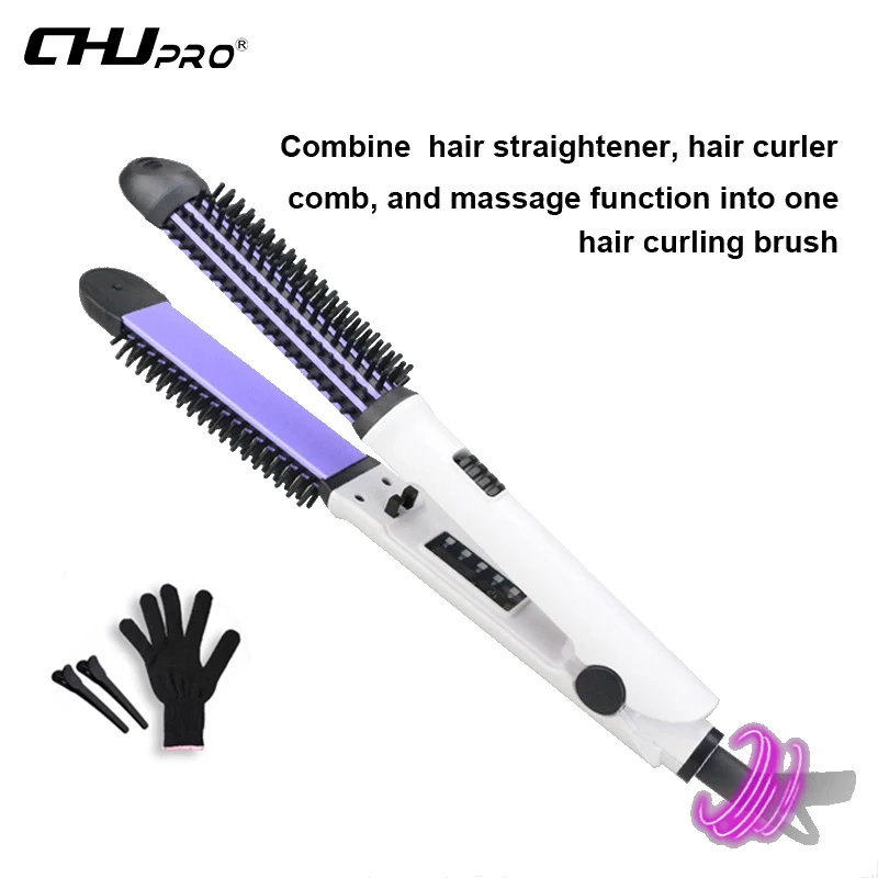

CHJ Professional 2 In 1 Ceramic Hair Straightener Brush LCD Display Electric Hair Brush Hair Straightener curly Flat Iron Tool