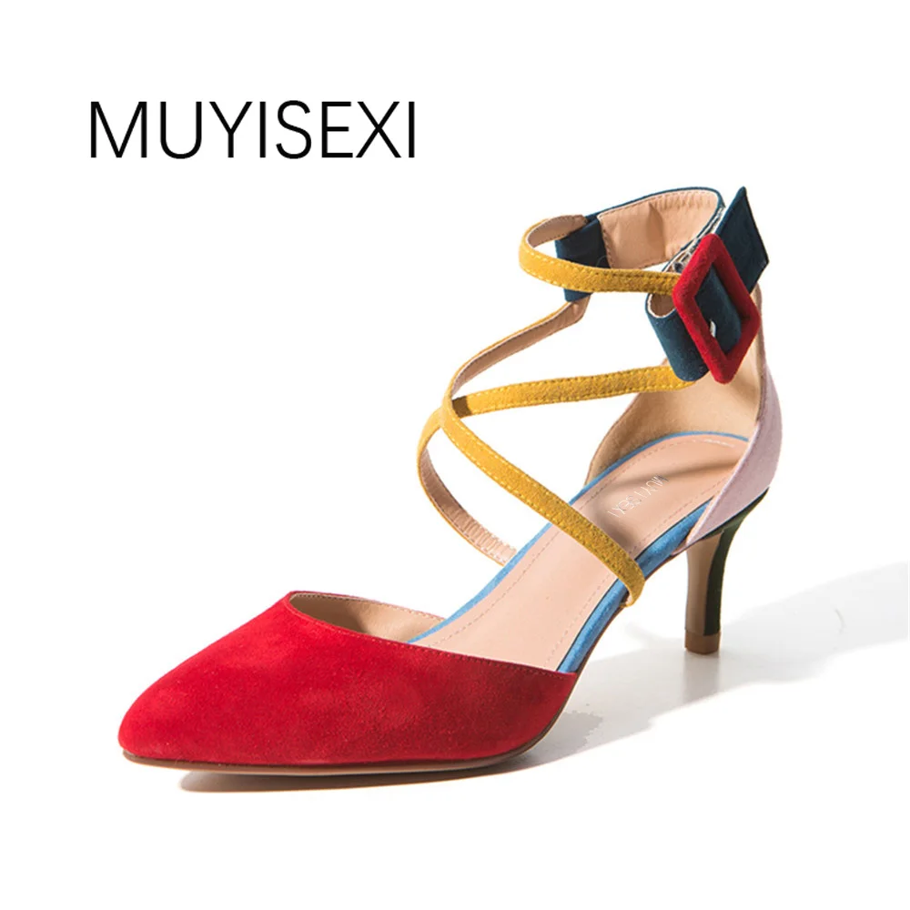 

Spring Shoes Pointed Toe High Heel Mixed Colors Ankle Strap Buckle Women Pumps Genuine Leather Suede MZP04 MUYISEXI