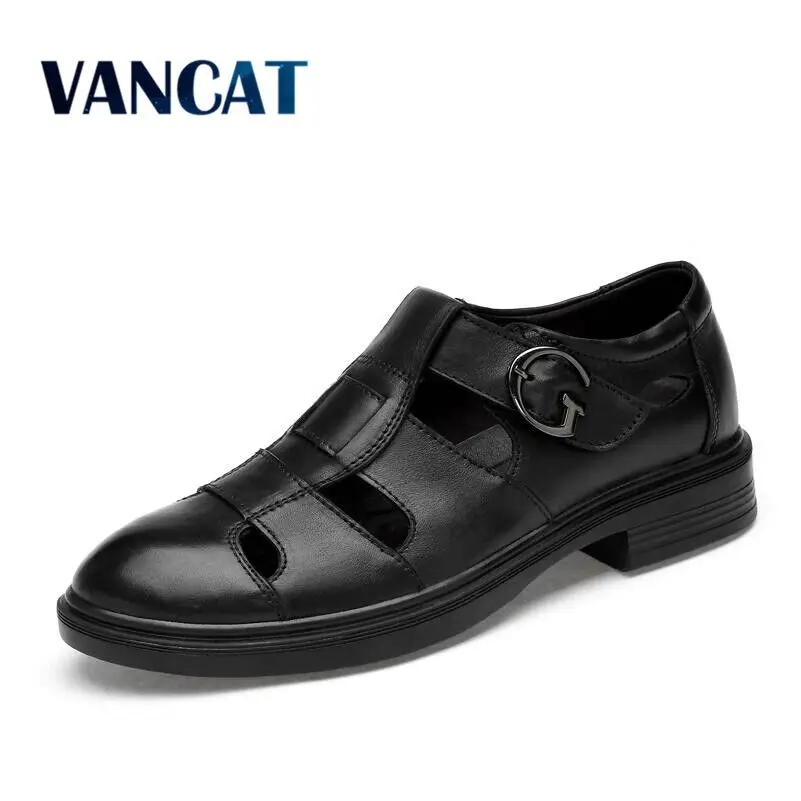 

VANCAT Fashion Summer Dress Men Sandals 100% Genuine leathe Flats Casual Shoes Beach outdoor Men Shoes Big Size 38-48