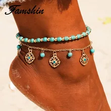 FAMSHIN богемные полые синие цветы бижутерия для ног Двойные бусы летние пляжные браслеты на ногу турецкий браслет для женщин ножной браслет