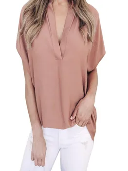 

Women V Neck Chiffon Blouse Short Sleeve Solid Color Shirt Large Sizes Bodycon Elegant Ladies Autumn Fashion Elegant Shirt