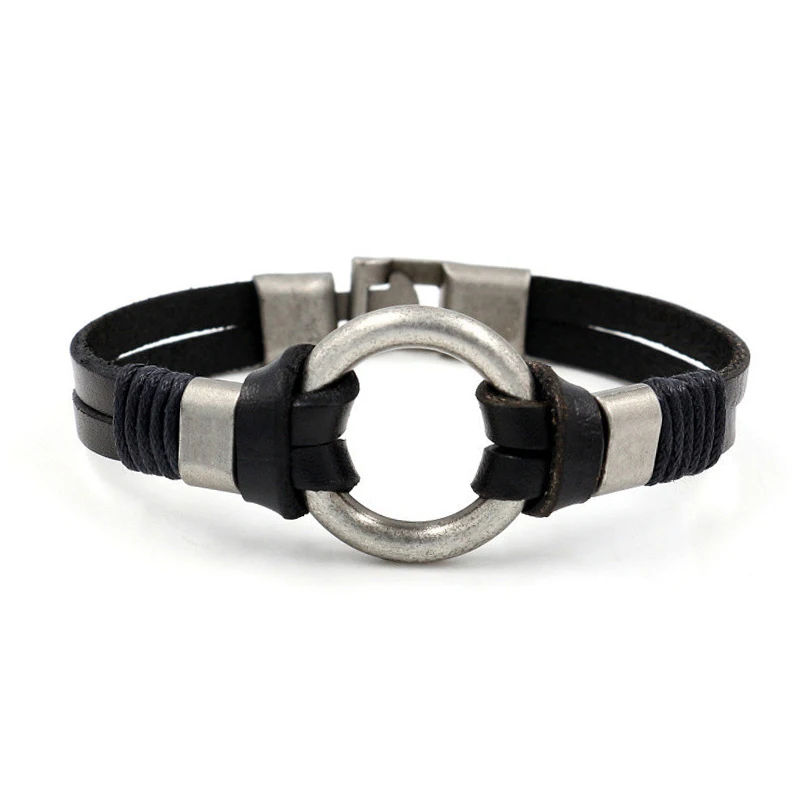 

Vintage Genuine Leather Bracelet Men Circle Charm Bangle Buckle Punk Rock Bracelets & Bangles Men's Jewelry pulseira masculina