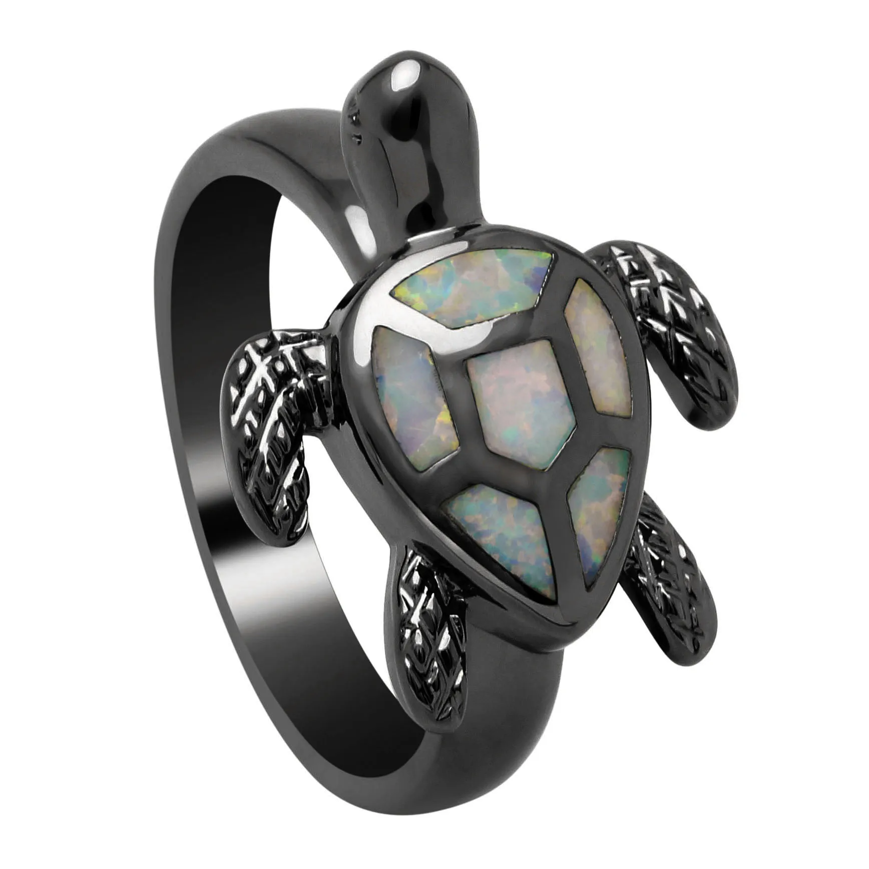 Кольцо с синим черепахом, огненным опалом, для женщин, Черное золото, ювелирные изделия, помолвка, животный дизайн, подарок на палец, распределение, черепаха, кольцо - Цвет основного камня: Белый