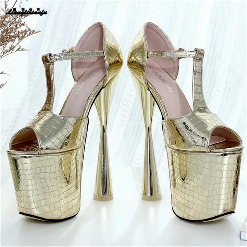 LLXF zapatos/Большие размеры: 34-42, 43, летние золотистые босоножки с Т-образным ремешком пикантная обувь на тонком высоком каблуке 20 см для ночного клуба женские туфли-лодочки на шпильке