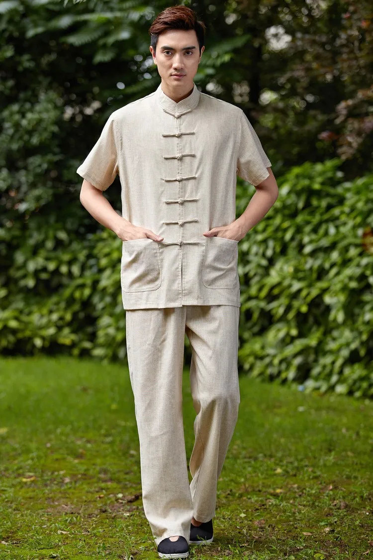 Шанхай история мужской свободный Китайский кунг-фу набор для мужчин Китайский Тай чи костюм короткая рубашка+ брюки льняная форма для кунгфу 4 цвета