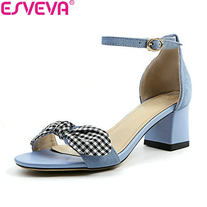 

ESVEVA 2018 Women Sandals Sweet Butterfly-knot Square High Heels PU Summer Simple Fashion Sandals Suede Shoes Women Size 34-43