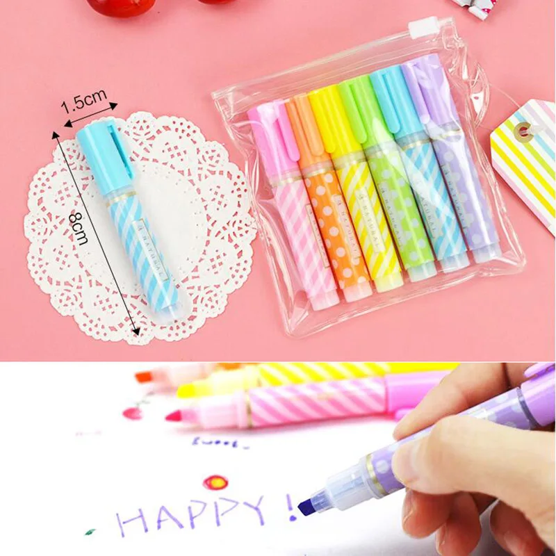 

6 pcs Cute Mini Highlighter Pen Set 6 Colors Kawaii Permanent Markers Pen Stationery For Kids Graffiti Drawing School Students