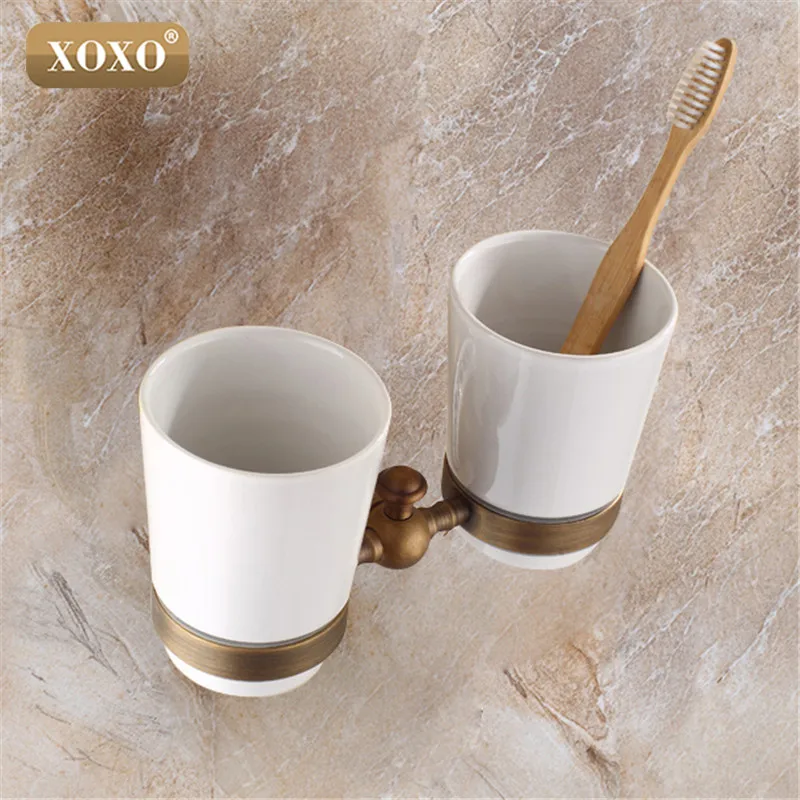 XOXOTop quality luxury European style Antique copper toothbrush tumbler&cup holder with 2cups wall mounted bath product 11084DBT