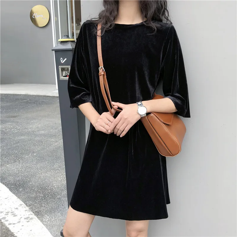 

Velvet Dress Women Three Quarter Sleeve O-neck Loose Dress 2019 New Basic Summer Bottoming Dress Female