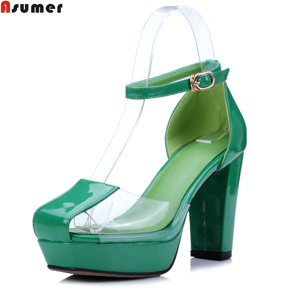 

ASUMER white green fashion new women shoes buckle synthetic +genuine leather sandals thick heels summer shoes platform