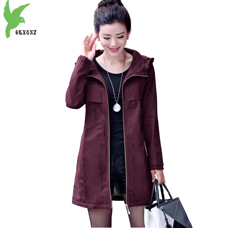 

Trench coat womens 2018 Spring autumn Hooded coat Plus size Slim cotton Windbreaker Medium length female Casual tops OKXGNZ 1897