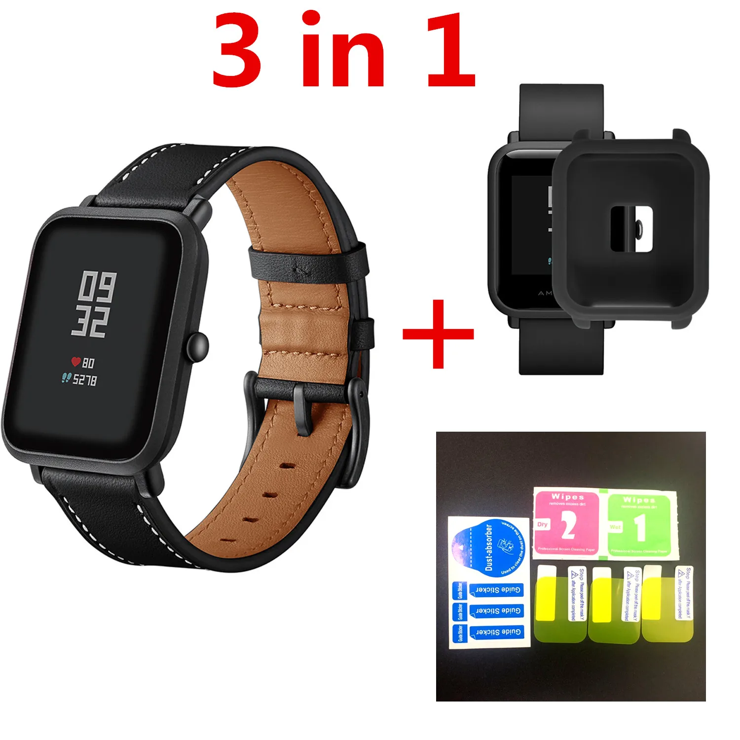 

2in 1 For Xiaomi Huami Amazfit BipYouth Watch band Genuine Leathe Wrist Straps +Soft Case cover amazfit Bip Screen protector