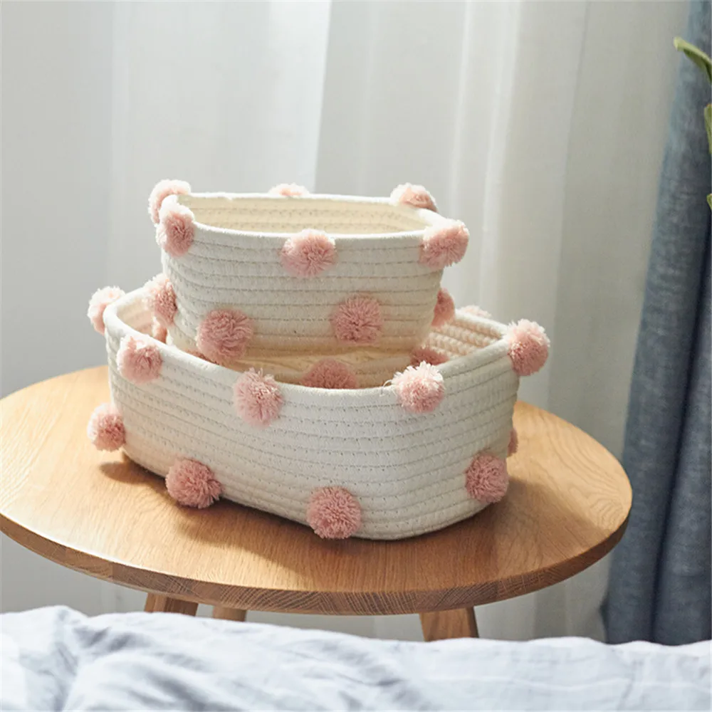  1 Piece Cotton Line Woven Storage Basket Cute Pompom Decor Sundries Finishing Box Nordic Cosmetic T