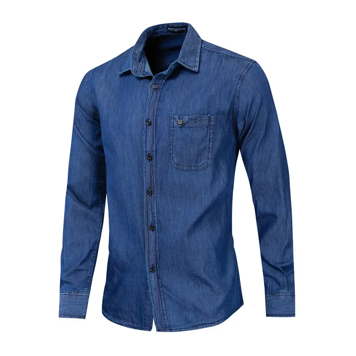 

2019 Summer Autumn Fashion Denim Shirt Men Slim Fit Long Sleeve Solid Shirt Cotton Top Male Smart Casual Blue Shirts with Pocket