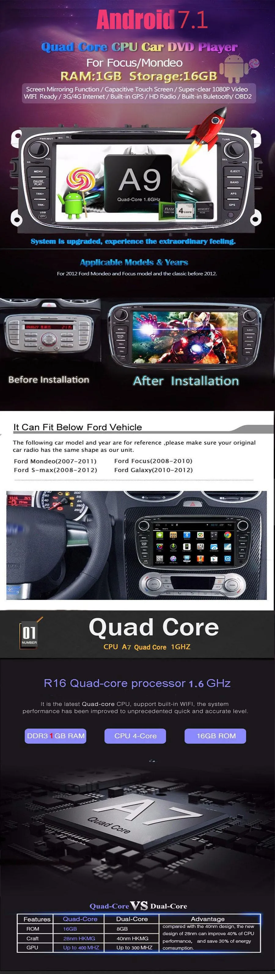 Excellent 4 Core Android 8.01 Car DVD GPS For Ford Mondeo Focus 2 S-max 2007 2008 2009 2011 2013 with Radio Navigation 1G/16G 1