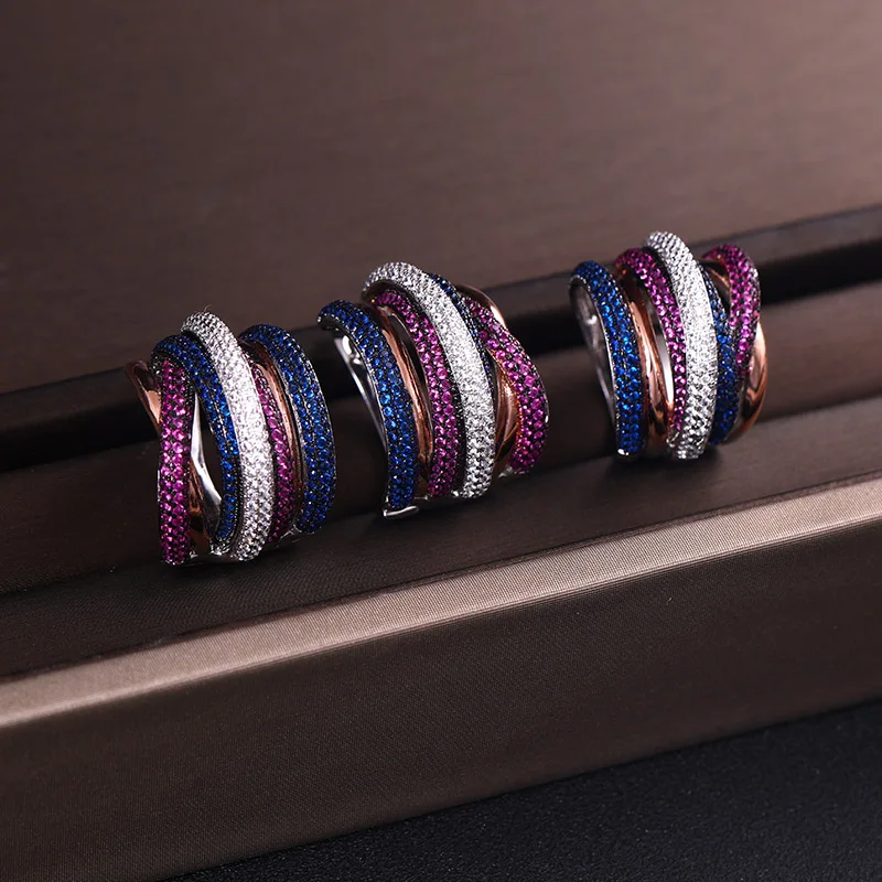 

AccKing Twist Braided Multicolor Full Mirco Pink Cubic Zirconia Setting European brincos Wedding Hoop Earring Ring Jewelry Set