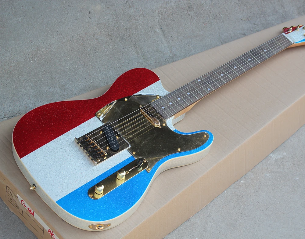 

Factory Custom Three Particles Colors String-thru-body Electric Guitar with Gold Hardwares,Rosewood Fretboard,Offer Customized