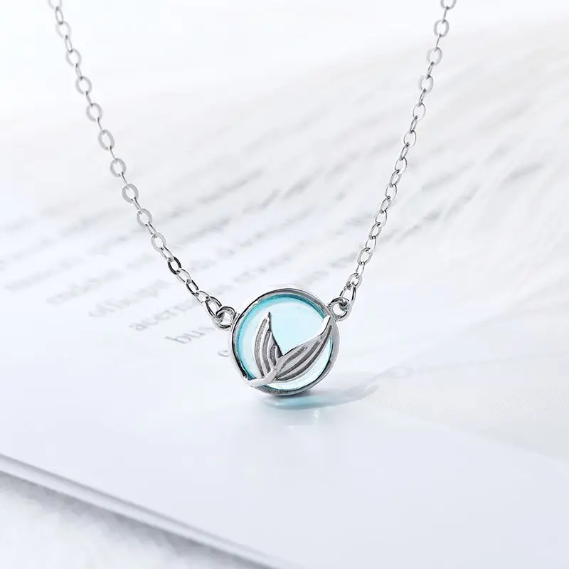 

Unique Silver Plated Mermaid Tear Necklace Blue Bubble Crystal Simple Fashion Fish Tail Clavicle Necklace Delicate Women Jewelry