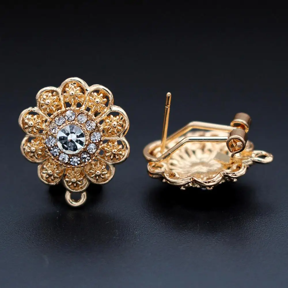 

Indian Chile Earrings Post with Loop Hanger Connectors Paved Rhinestone Circle Filigree Flower Metal DIY Clip Earrings Findings