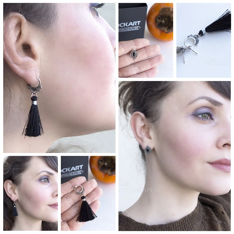 Серьги подвески ROCKART из серебра 925 пробы с черными кисточками винтажные