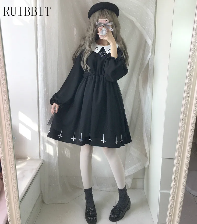 

Women Japanese lolita Soft Sister Preppy Style Harajuku Dark Girl Black Dress JK Uniform Embroidery With Peterpan Collar Dresses