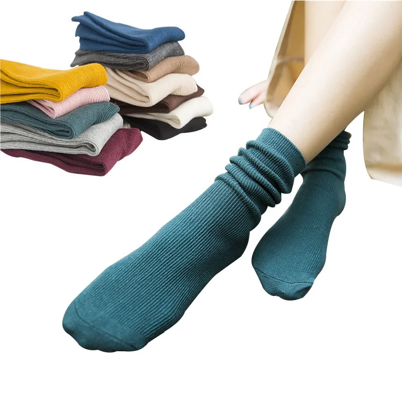 

5 Pairs Thin Models Boots Heap Pile Socks Autumn Winter Solid Color Cotton Double Needle Sock Fashion All-match Girl Short Socks