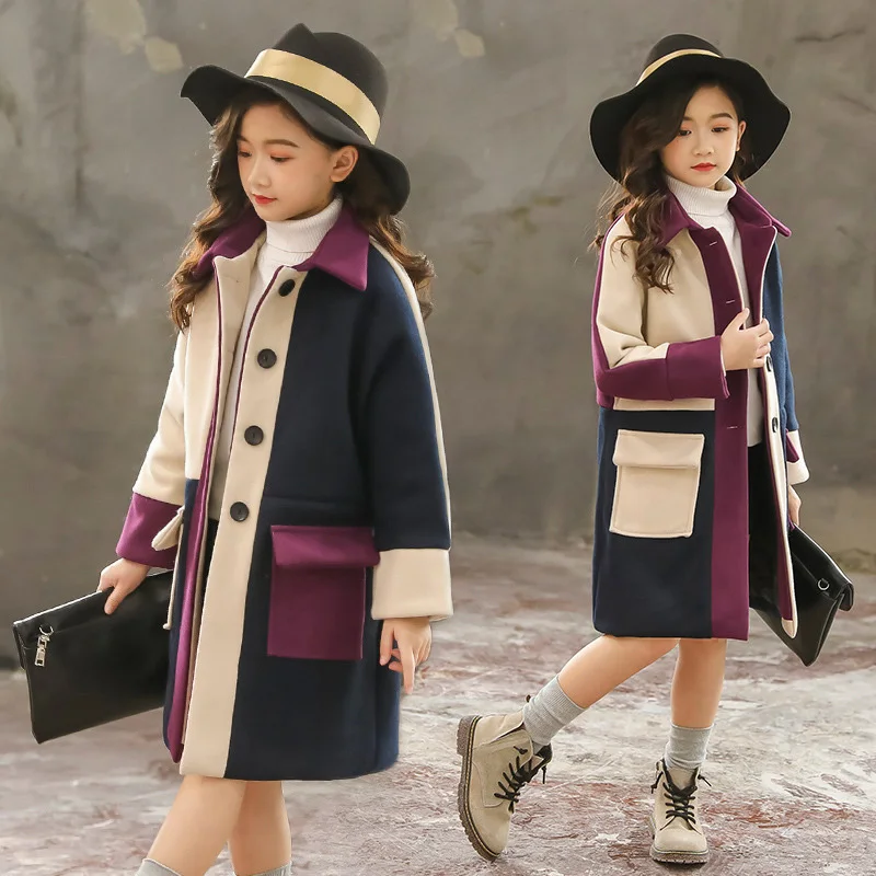 Girls Woolen Coat Winter Warm Long Coats Girl Outerwear Jackets New