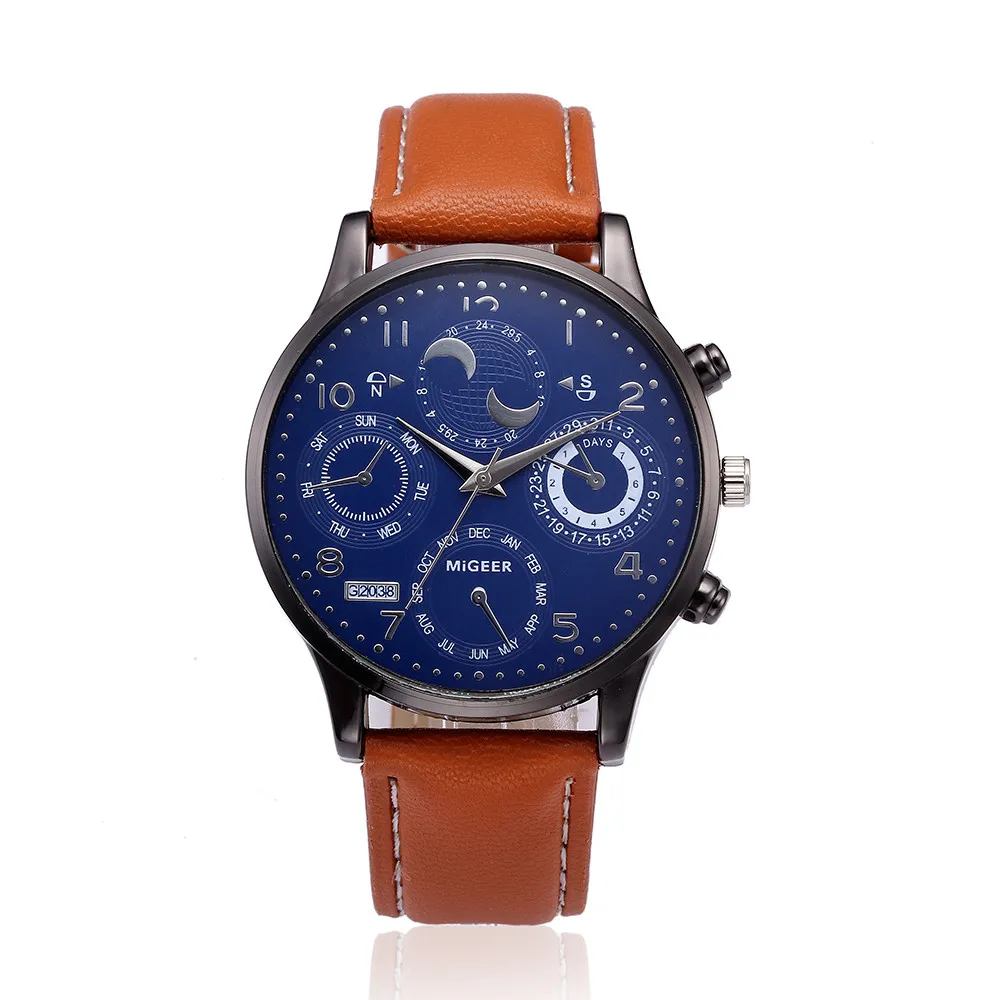 Модные кожаные Для мужчин s аналоговые кварцевые часы Blue Ray Для мужчин наручные часы 2018 Для мужчин s часы лучший бренд класса люкс