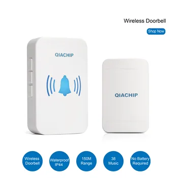

QIACHIP 38 Songs Wireless Long Range Smart Home Self powered Doorbell With Waterproof Push Button White Black US Plug Door Bell