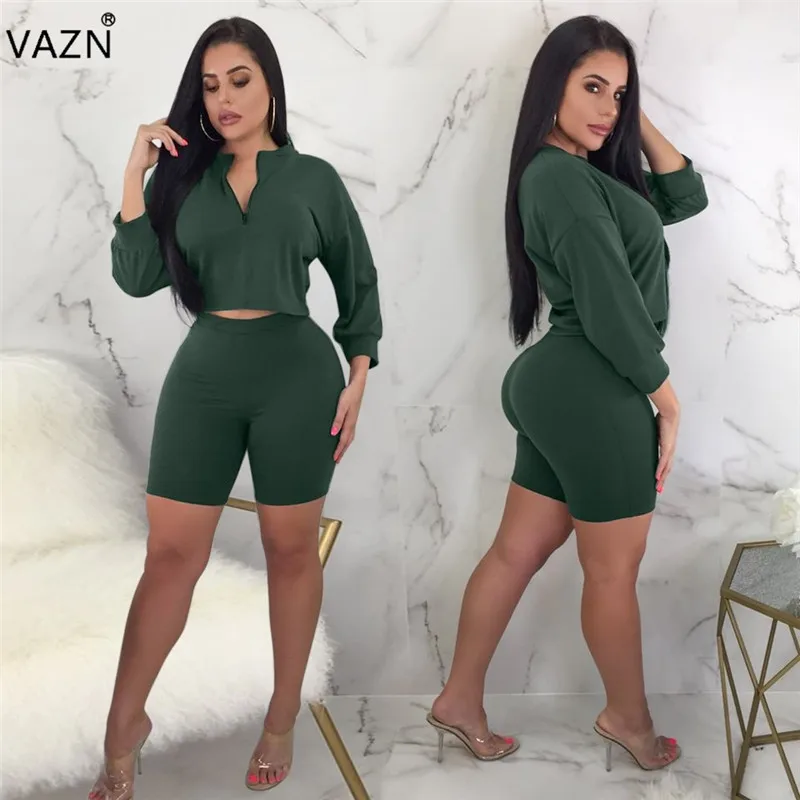 VAZN 2018 الشهيرة العلامة التجارية عالية الجودة ضئيلة النساء 2 قطعة مجموعة الصلبة الكامل كم تيز قصيرة السراويل الخريف المرأة عارضة مجموعة 7992