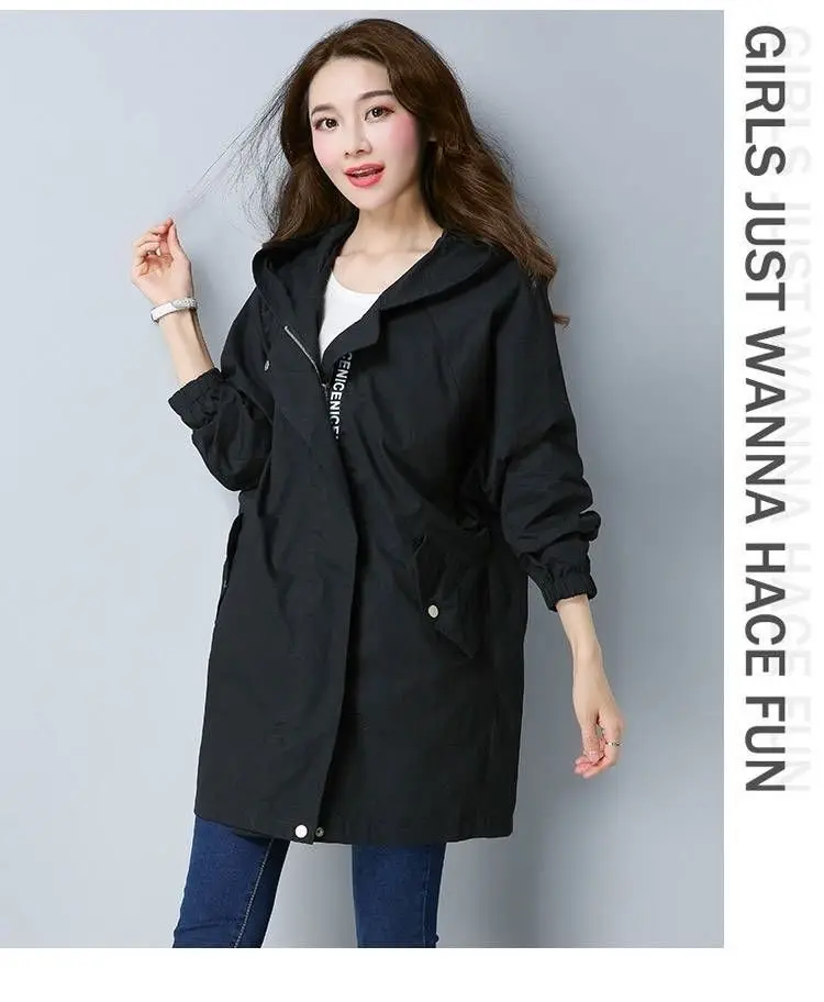 Vangull Women Trench Coat Female Long Sleeve Thin Hooded Wind Coat Autumn New Plus Size Loose Zipper Adjust Waist Outerwear